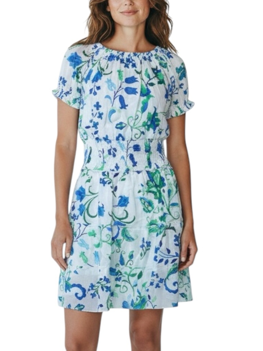 MARINA Linen Floral A-Line Dress in White w/ Blue Size XXS — NWT